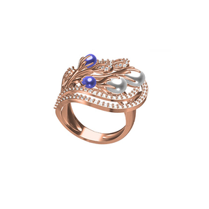 Bague de luxe en or rose 18 carats avec saphir bleu et accents de perles blanches pour femme, bijoux de mariage, de fiançailles et de fête - Product Image 1