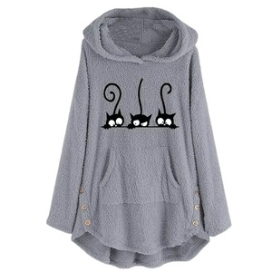 Pink Fleece Hoodie Women Cat Print Fluffy Plush Pullover Button Hooded Sweatshirt Warm Winter Casual Curved Hem Top - Product Image 4