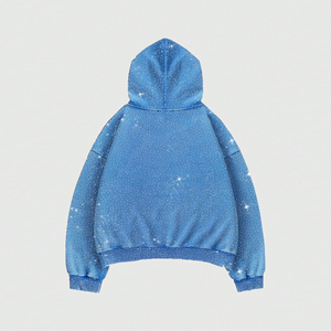 Sweat à capuche personnalisé pour homme, bleu, entièrement orné de strass, en molleton de coton épais 350 GSM, avec cristaux scintillants, coupe classique, hiver, avec poche - Product Image 4