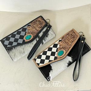 Nouveauté : Portefeuilles-bracelets pour femmes en cuir de vachette travaillé à la main, longs, vintage, de créateur, à motif à carreaux, avec blocage RFID - Product Image 1
