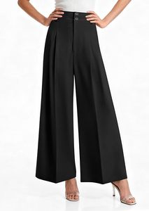 Pantalones anchos de cintura media para mujer, negros lisos de lona, casuales, plisados, de largo completo, ajuste holgado, cintura elástica, estilo lavado para otoño - Product Image 4