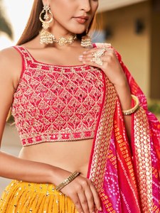 Yellow Embroidered <b>Sequin</b> Lehenga With Pink <b>Crop</b> <b>Top</b> And Dupatta Bridesmaid Dress A-Line Floor-Length Spaghetti Strap Scoop Neck - Product Image 3