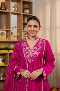 Designer Satori <b>Silk</b> <b>Kurta</b> With Cotton Lining Hand Embellished Neckline Maharaja <b>Silk</b> Pants Zari Stripe Banarasi Dupatta Ready - Product Image 2