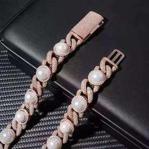 ZAWO HOUSE Fully Iced Lab Freshwater Pearl Moissanite Diamond Cuban Link Chain <b>Silver</b> Plated Luxury Hip Hop Customized Jewelry - Product Image 2