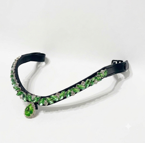 Frontière de tête de cheval en cuir de buffle épais, originale, avec cristaux et pierres, motif feuille verte personnalisé, forme vague, pour taille Full Cob - Product Image 1
