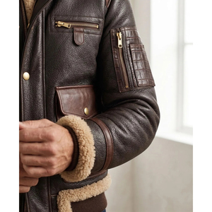 Customized Men Shearling Sheepskin Leather Eco Friendly Windproof Cozy Sherpa Fur <b>Lined</b> Winter Bomber Flight <b>Jacket</b> - Product Image 5