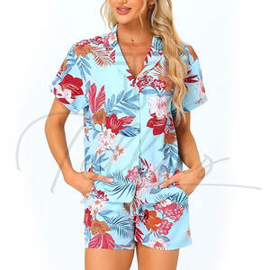 Ensemble deux pièces personnalisé pour femmes, chemises en lin imprimées hawaïennes à manches courtes, ensembles pour femmes - Product Image 2