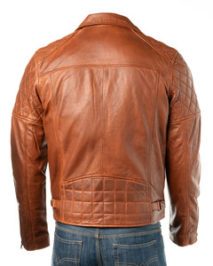 Veste moto en cuir véritable pour homme, marron, matelassée, fermeture éclair aux épaules, col rabattu, coupe classique, style automne - Product Image 3