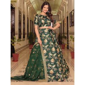 Green Embroidered Silk Plus Size <b>Wedding</b> Lehenga Choli with Pearls for Bride - Product Image 2