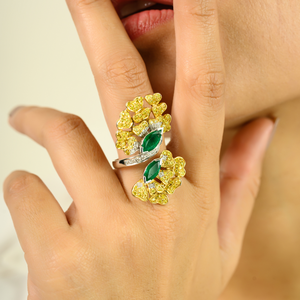 14K White <b>Gold</b> Art Deco Emerald and Yellow Diamond <b>Cocktail</b> <b>Ring</b> - Product Image 5