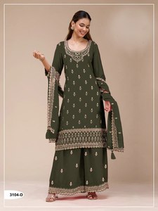 Ensemble palazzo en coton brodé vert olive pour femme avec dupatta, tenue décontractée traditionnelle indienne et pakistanaise, coupe ample, longueur cheville - Product Image 1