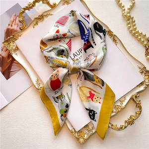 1 unidad de pañuelo de seda romano de 70 cm para mujer, de seda sintética, con diseño geométrico redondo, a la moda, versátil, para la cabeza o como accesorio de vestir, pañuelo cuadrado. - Product Image 3