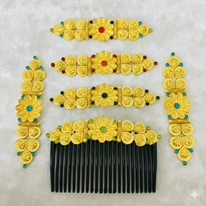 Peigne à cheveux vintage plaqué or, fait main, écologique, étanche, élégant, en alliage, avec mini pierres rouges et motif floral, pour mariée - Product Image 4