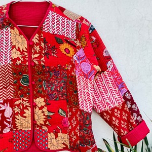 Women Quilted Cotton <b>Jacket</b> Patchwork Floral <b>Mandarin</b> <b>Collar</b> Three Quarter Sleeve Autumn Outerwear Quilted <b>Jacket</b> - Product Image 3