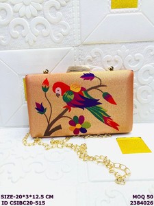 Luxury Satin Printed Bird Design Clutch Bag for Women with Metal <b>Frame</b> & Chain – Designer Evening Party Handbag - Product Image 3