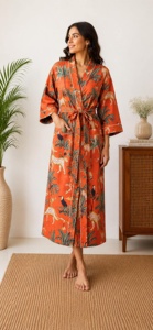 Bata de dormir de verano para mujer, larga, con estampado de pájaros, cuello en V, manga tres cuartos, de tela no tejida, 100% algodón, de secado rápido y transpirable - Product Image 6