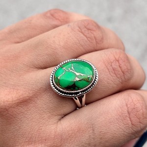 Handmade Green Copper Turquoise Oval <b>Ring</b> 925 Sterling <b>Silver</b> <b>Boho</b> Gemstone Jewelry for Women - Product Image 3