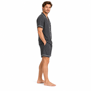 <b>Men</b> Striped Knitted Polyester Casual <b>Pajama</b> <b>Set</b> <b>Short</b> Sleeve Button Sleepwear Summer Cool Loungewear Matching Lounge <b>Shorts</b> Dark - Product Image 2