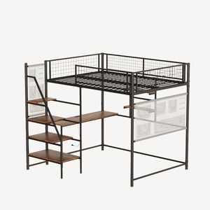 Full-Size Loft Metal <b>Bed</b> with <b>LED</b> Lighting and Charging Station for Bedroom and Dormitory Black Color - Product Image 6