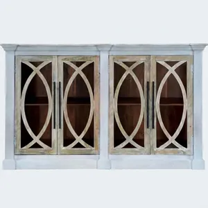 Armoire en bois indienne vintage faite à la main avec quatre portes, finition blanche vieillie, design de cadre décoratif, meuble de rangement rustique - Product Image 1
