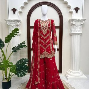 Red Embroidered Salwar Kameez Pakistani <b>Wedding</b> <b>Dress</b> Long Dupatta Net Sharara <b>Suit</b> <b>for</b> Bride Party Wear - Product Image 1