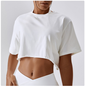 Haute qualité couleur unie haut court t-shirt été à manches courtes basique col rond manches courtes hauts courts t-shirts coton polyester - Product Image 2