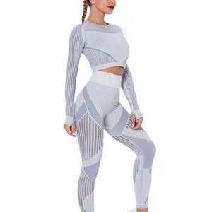 Geometric <b>Mesh</b> Yoga Set High Waist Full Length Leggings With Long Sleeve <b>Crop</b> <b>Top</b> Crew Neck Seamless Four-Way Stretch - Product Image 1