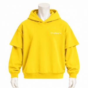 Sweat à capuche jaune double couche vintage oversize à manches superposées, pull décontracté streetwear à épaules tombantes, épais et personnalisé - Product Image 1