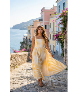 Vestido Midi a Rayas para Mujer con Bolsillos, Vestido Casual de Verano de Algodón, Corte en A, Tela Ligera y Transpirable, Cómodo para Uso Diario - Product Image 1