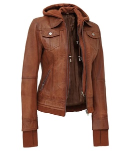 Chaqueta de piel de oveja marrón con capucha de Invierno para mujer, acolchada con decoración de botones y forro de nailon, estilo motorista real - Product Image 5