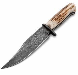 Handmade Damascus Steel Bowie <b>Knife</b> Horn <b>Handle</b> With Leather Sheath Outdoor Camping <b>Knife</b> - Product Image 2