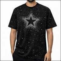 T-shirt Homme Noir Oversize Personnalisé de Qualité Supérieure avec Motif Étoile en Strass, Manches Courtes, Col Rond, Style Urbain, Coupe Jersey
