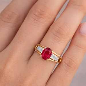 แหวนเพชรและทับทิมรูปไข่สีทองชุดแหวนพลอยชุดง่ามสำหรับงานแต่งงาน - Product Image 4