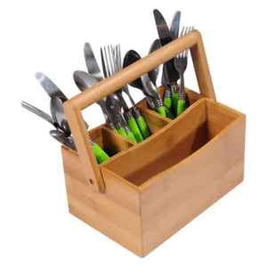 Wooden Cutlery Holder Organizer with Metal Handles Kitchen Utensil Storage Box Tabletop Flatware Spoon Fork Knife Stand Rack - Product Image 5