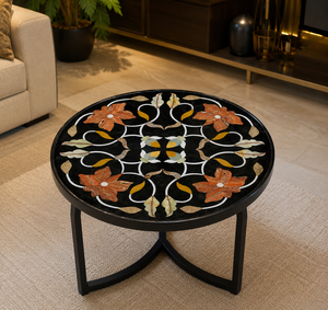 Elegante Mesa Auxiliar Redonda Moderna con Incrustaciones de Mármol Negro, Arte Floral Hecho a Mano para Muebles de Hogar y Hotel - Product Image 1