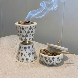 Quemador de incienso de mármol artesanal con estampado de luna y árbol árabe, soporte para incienso con tapa, piedra premium para decoración de hogares modernos - Product Image 5