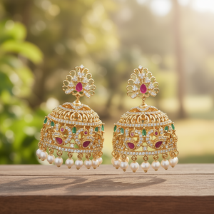 Nova Mart Big American Diamond Gold Plated Oxidized Polish Casual Pearl Jhumka Hoop Earrings - Product Image 3