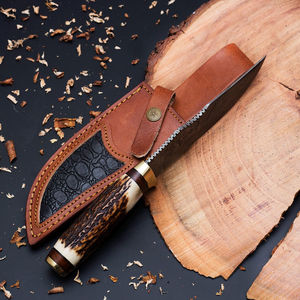 Couteau de chasse en acier Damas, lame à pointe tombante, manche en bois de cerf, étui en cuir, bord biseauté, épaisseur 0,7 mm - Product Image 2