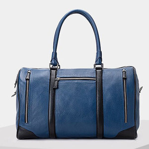 Unisex Genuine <b>Leather</b> Duffle <b>Bag</b> Blue Solid Color Zipper Closure Casual Gym Fitness <b>Bag</b> 30-40L Capacity <b>Soft</b> Handle - Product Image 3