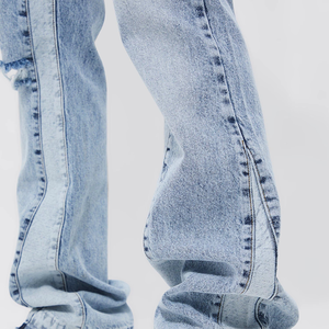 Men Light Blue Distressed <b>Soft</b> Shell <b>Jeans</b> Regular Fit Straight Leg Frayed Hem High Waist Button Fly Winter Breathable Plus Size - Product Image 3