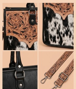 Hand <b>Tooled</b> Cowhide <b>Leather</b> Tote Bag Western Floral Pattern Shoulder Handbag for Daily Travel Shopping - Product Image 2