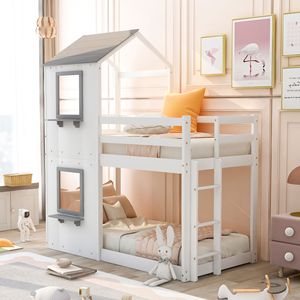 Letto a Castello in Legno Bianco con Finestra sul Tetto, Ringhiera di Sicurezza e Scala per Bambini (SKU PRECEDENTE LP000056AAK) - Product Image 1