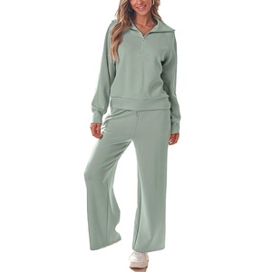 Pantalon de survêtement d'entraînement d'hiver avec logo personnalisé 2025 pour femmes ensemble de sweats à demi-fermeture éclair survêtement à jambes larges avec imprimé en relief costume 2 pièces - Product Image 4