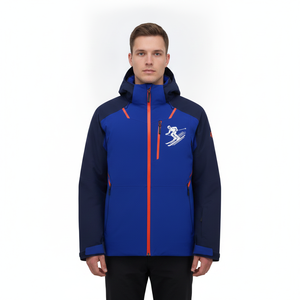 Veste matelassée à capuche bleu marine pour homme, vêtement d'extérieur sportif imperméable pour l'hiver avec logo de ski imprimé et fermeture éclair - Product Image 4