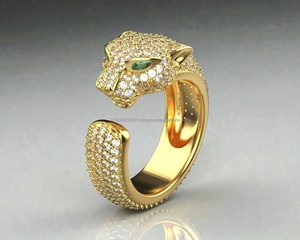 Yellow Gold Rhodium Plated Moissanite Hip Hop Style Panther Head <b>Statement</b> <b>Ring</b> Animal Motif 925 Sterling Silver Wedding Gift - Product Image 1