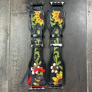 สายนาฬิกาหนังแท้สีดำพรีเมียม งานแฮนด์เมด ตกแต่งลายดอกทานตะวัน สไตล์เรโทร สำหรับผู้หญิง ทนทาน สวยงาม เหมาะเป็นของขวัญ - Product Image 1