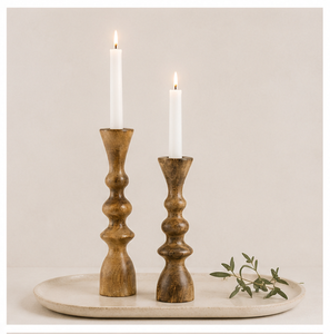 Handcrafted Natural Mango Wood <b>Taper</b> <b>Candle</b> Holder Set Of 2 Elegant Boho Spindle Design for Modern Farmhouse Home Decor Table - Product Image 5