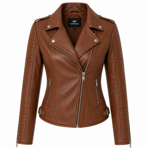 Veste moto en cuir véritable pour femme de haute qualité, marron, manches longues, fermeture éclair, col ouvert, style automne - Product Image 1