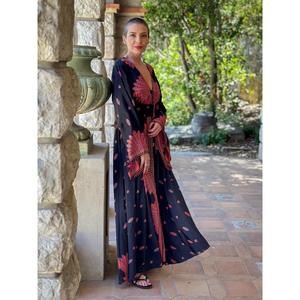 Bohemian Women Maxi Dress Black <b>Red</b> Floral V Neck Long Sleeve Loose Fit Resort Wear Dress - Product Image 4