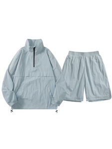Men's Light Blue Casual Printed Two-Piece <b>Set</b> Breathable Fleece Quick Dry Polyester Jacket and Shorts Autumn Wear - Product Image 2